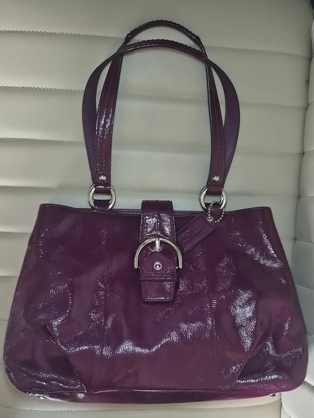 Coach Soho Plum Crinkle Patent Leather Large Buckle Tote Shoulder Bag